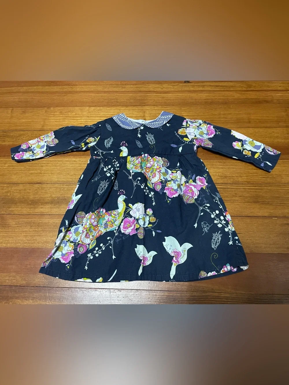 Tiny Tot Threads Navy Floral Long-Sleeve Dress with Peacock Print Size 2T